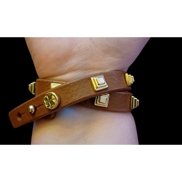 Tory Burch Brown Leather Gold Tone Studded 15.5" Long Wrap Bracelet - Picture 4 of 8
